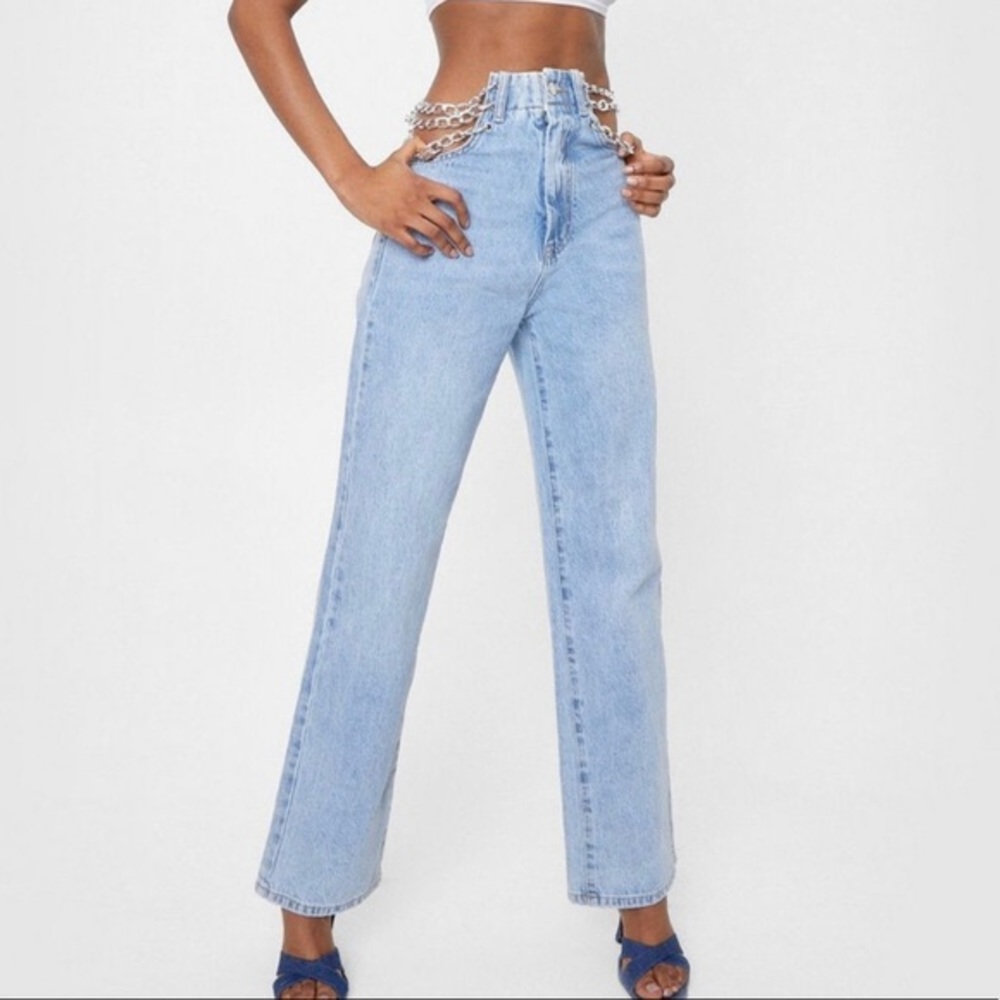 Chain Detail Light Wash Denim Jeans